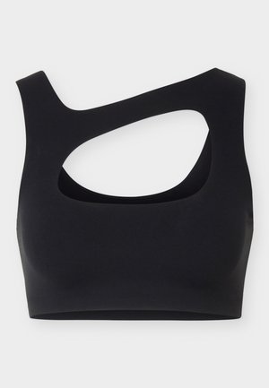 Svart asymmetrisk sport-BH med en bred stropp og et diagonalt utsnitt over brystet, vist mot en ensfarget bakgrunn.