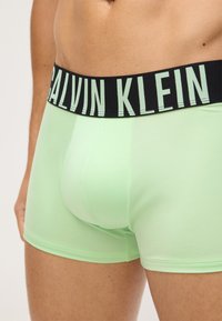 Boxeri scurți din bumbac verde, cu un tiv elastic negru pe care este inscripționat "CALVIN KLEIN" cu litere albe. Design neted, ajustat.