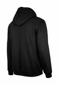 Black hoodie with a soft texture, featuring a drawstring hood, long sleeves, and a hemmed bottom. Simple, solid design with no additional details.