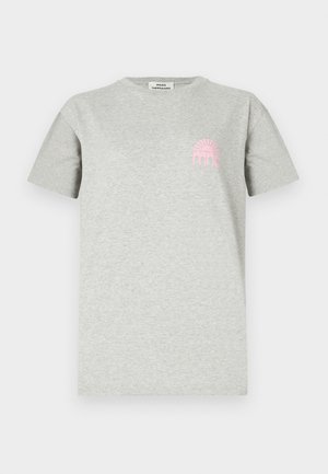 Grey cotton t-shirt featuring a round neckline, short sleeves, and a pink graphic of an arch with sun rays on the left chest.