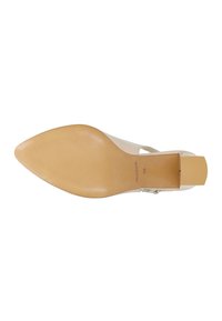 Chaussure à talon beige avec un bout pointu, un matériau supérieur transparent et un talon carré en blocs. Semelle en caoutchouc texturé tan. Taille marquée comme 38.
