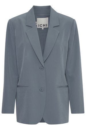 Jasnoszary żakiet wykonany z gładkiego materiału, z kołnierzem typu lapel, dwoma guzikami i kieszeniami z przodu, skrojony w lekko luźnym fasonie.