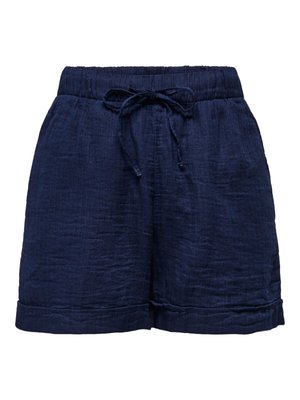 Marineblå linshorts med elastisk midje, justerbar snor, sidelommer og oppbrettet kant.