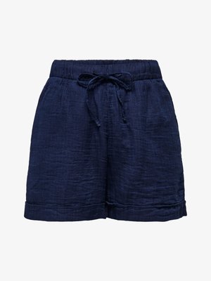 Marineblå linshorts med elastisk midje, justerbar snor, sidelommer og oppbrettet kant.