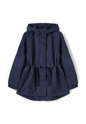 Marineblaue Kapuzenjacke mit elastischen Bündchen, verstellbaren Taillenzugbändern, Vordertaschen und einem vorderen Reißverschluss, der von einer Blende bedeckt ist.