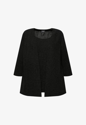 Schwarze, strukturierte Tunika mit quadratischem Ausschnitt, dreiviertelärmeln und offener Frontgestaltung. Der Stoff hat ein dezentes Muster.