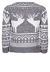 Maglione grigio con renne bianche e motivi geometrici. Tessuto a maglia, scollatura rotonda, maniche lunghe, con orlo e polsini a costina.