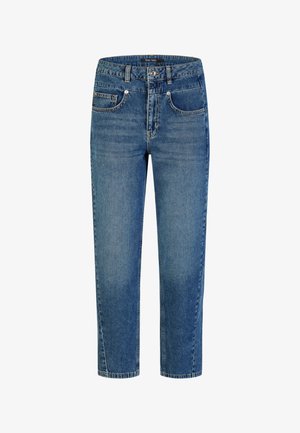 Blaue Jeans aus Denim mit geradem Bein, vorn mit Knopf und Reißverschluss, vorderen Taschen, Münztasche und Gürtelschlaufen, vor weißem Hintergrund dargestellt.