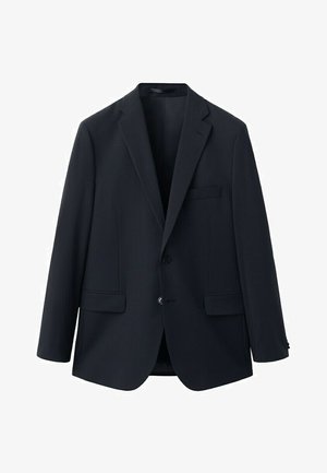 Donkerblauwe, op maat gemaakte herenblazer met twee klepzakken aan de voorkant, één borstzak en een sluiting met twee knopen.