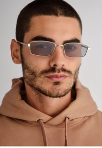 Ochelari de soare gri, cu rame din metal subțiri, cu lentile mari și o nuanță subtilă de maro. Purtați cu un hanorac bej. Fundal neutru.