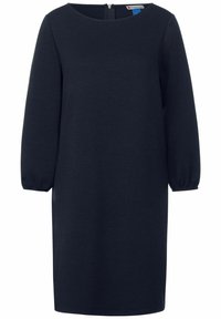 Mörk marinblå knälång klänning med långa puffärmar och rund halsringning, med dragkedja i ryggen.