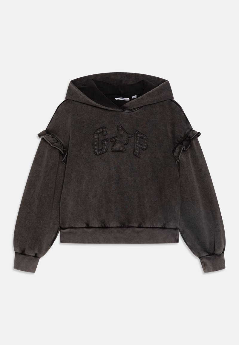 Temno siva kapuca sweatshirt iz mehkega materiala, s ruffles rebrastimi rokavi in osrednjim vezenim logotipom s poudarkom. Kratka zasnova.