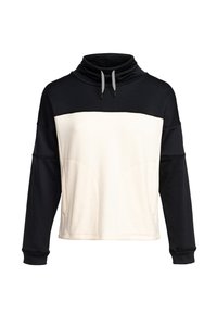 Pullover sweatshirt met een zwart bovenstuk en een crèmekleurig onderstuk. Gestructureerde stof met een funnelnek en koord. Twee voorzakken.