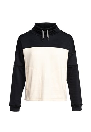 Polarowa bluza z czarną górną częścią i kremowym dolnym odcinkiem. Teksturowana tkanina z wysokim kołnierzem i sznurkiem. Dwie kieszenie z przodu.