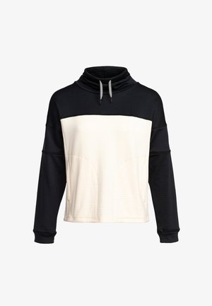 Sweat-shirt à capuche avec une partie supérieure noire et une partie inférieure crème. Tissu texturé avec un col montant et un cordon de serrage. Deux poches avant.