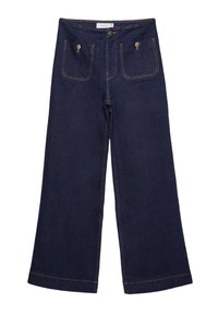 Pantalon en jean bleu foncé à jambes larges avec de grandes poches avant sécurisées par des boutons en métal et une fermeture par bouton en haut.