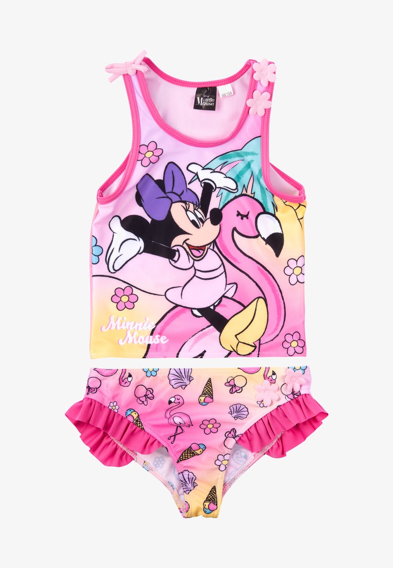 Pink swim set featuring a tank top with a Minnie Mouse graphic and flower accents, paired with ruffled bottoms adorned with flamingos and ice cream.