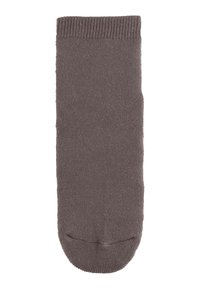 Brown ankle sock made of knit fabric; features a ribbed cuff and smooth texture, with a rounded toe and no visible patterns or designs.
