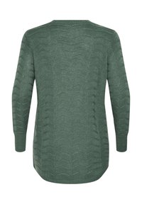 Groene gebreide trui met lange mouwen, voorzien van een gestructureerd patroon en een ronde halslijn, ontworpen voor comfort en warmte.