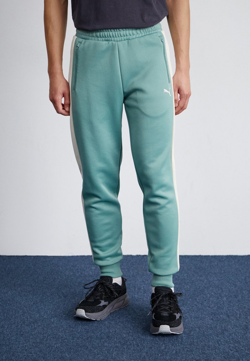 Hellblaue Jogginghose mit seitlichen weißen Streifen, elastischem Bund und vorderen Reißverschlusstaschen, kombiniert mit schwarzen Turnschuhen mit grauen Akzenten.