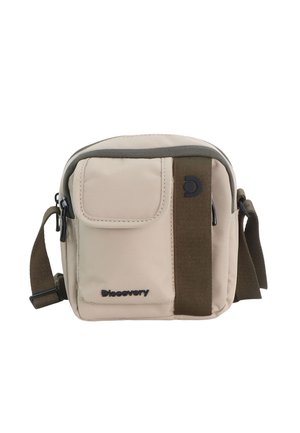 Beige kompakte Umhängetasche mit vorderer Klappentasche, braunen Trägerdetails, verstellbarem Schultergurt und "Discovery"-Logo auf der Vorderseite.