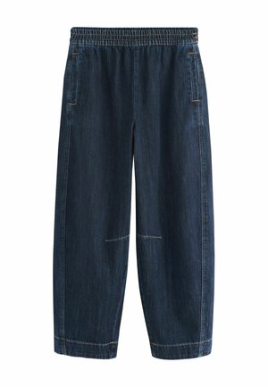 Mørkeblå denimbukser med elastisk talje og lige ben, med sidelommer og synlige sømdetaljer på knæ og kanter.