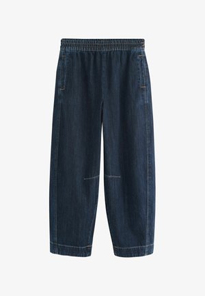 Ciemnoniebieskie spodnie dżinsowe z elastycznym pasem i prostymi nogawkami, wyposażone w boczne kieszenie oraz widoczne przeszycia na kolanach i u dołu nogawek.