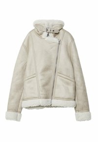 Béžová bunda s beránkovým kožíškem, vysokým límcem, zipovým zapínáním, fleecovou podšívkou a kontrastním bílým lemováním na manžetách a spodním okraji. Geometrický vzor švů.