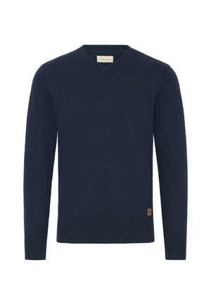 Navyblauer V-Ausschnitt-Pullover mit langen Ärmeln, aus einem weichen Stoff hergestellt. Verfügt über ein kleines Markenlabel im unteren linken Bereich.
