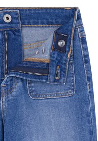 Jeans de mezclilla azul con cremallera y cierre de botón, con costuras naranjas y un bolsillo para monedas en la parte interior de la cintura.