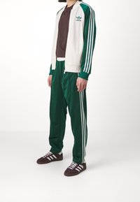 Osoba oblečená v zelených sportovních kalhotách a bundě Adidas s bílými pruhy, tmavě hnědém tričku a tmavě hnědých teniskách Adidas s bílými pruhy.