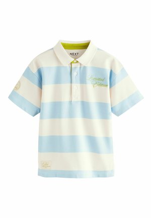 Poloshirt met korte mouwen met brede horizontale blauwe en witte strepen, een crèmekleurige kraag en "Limited Edition" geborduurd op de borst.
