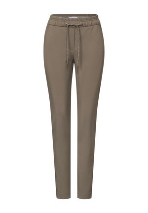 Khaki jogger pants with elastic waistband and drawstring. Features tapered legs and soft fabric with a smooth texture. No pockets.