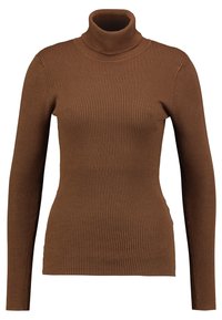 Pull à col roulé marron en rib à manches longues, fabriqué à partir d'un tissu extensible. Présente une coupe ajustée et un motif en relief sur toute sa surface.