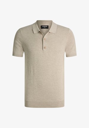 Beige polohemd met korte mouwen, geribbelde kraag en zoom, twee beige knopen en een zwart label aan de binnenkant van de kraag.