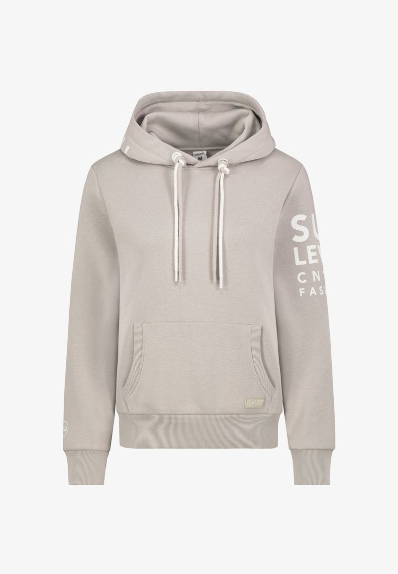 Helles graues Hoodie mit Kängurutasche, weißen Kordeln und Logotext am linken Ärmel. Hergestellt aus weichem, glattem Stoff mit gerippten Bündchen.