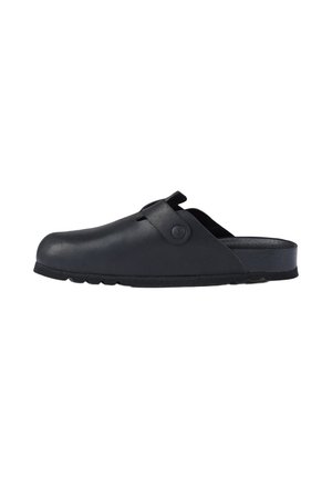 Zoccolo nero slip-on con punta chiusa arrotondata, cinturino regolabile con dettaglio bottone e suola piatta e testurizzata.