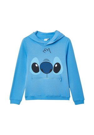 Felpa con cappuccio blu per bambini con un volto da cartone animato, grandi occhi e una tasca con cerniera sotto il disegno del naso sul davanti.