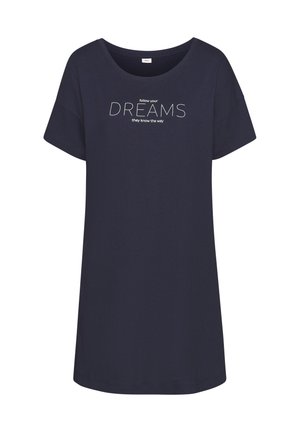 T-shirt bleu marine à manches courtes avec col rond et texte blanc disant ""follow your DREAMS they know the way"" sur la poitrine.