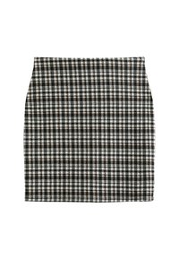 Checkered mini skirt featuring a black, white, and grey pattern, tailored shape, and a smooth texture. Hemline is straight and clean.