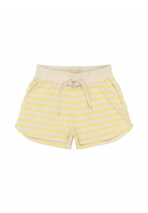 Gule og creme stribede shorts med elastisk talje, snor og sidelommer. Lavet af bomuldsstof, afslappet pasform og blød tekstur.