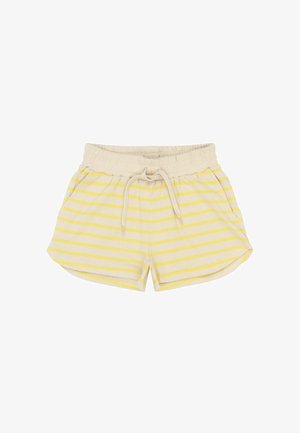 Gule og creme stribede shorts med elastisk talje, snor og sidelommer. Lavet af bomuldsstof, afslappet pasform og blød tekstur.