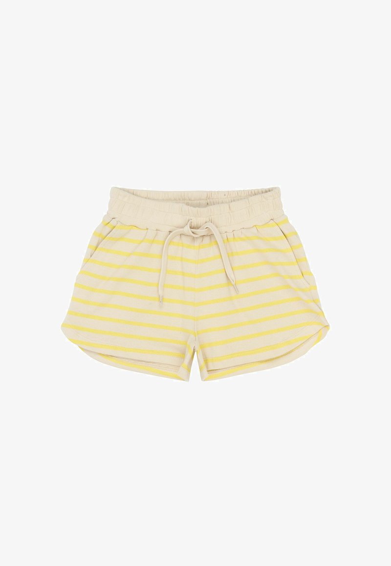 Shorts rayés jaune et crème avec une taille élastique, cordon de serrage et poches latérales. Matériau en coton, coupe décontractée et texture douce.