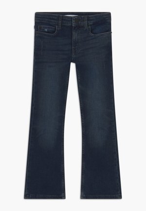 Mørkeblå bootcut-jeans med knapper foran, lynlås, bæltestropper og fem lommer, inklusive et lille logo på den forreste højre lomme.