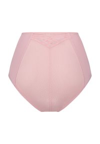 Sous-vêtements taille haute de couleur rose, présentant un motif texturé avec des panneaux latéraux lisses et un détail en forme de croix à la taille.