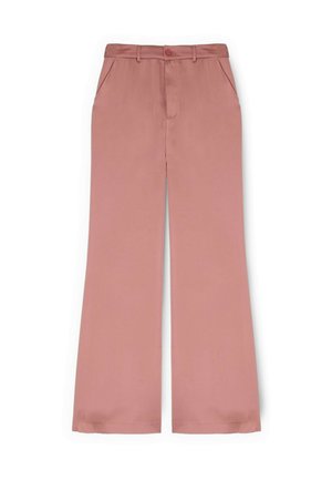 Pantalon fluide rose poussiéreux avec poches latérales, passants pour ceinture et fermeture à boutons sur le devant, présenté à plat sur un fond blanc.