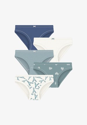 Πέντε ζευγάρια βαμβακερά γυναικεία εσώρουχα: σκούρο μπλε, λευκό με ανοιχτά στοιχεία, ριγέ μπλε, τιρκουάζ με καρδιές και λευκό με σχέδιο Πύργου του Άιφελ.