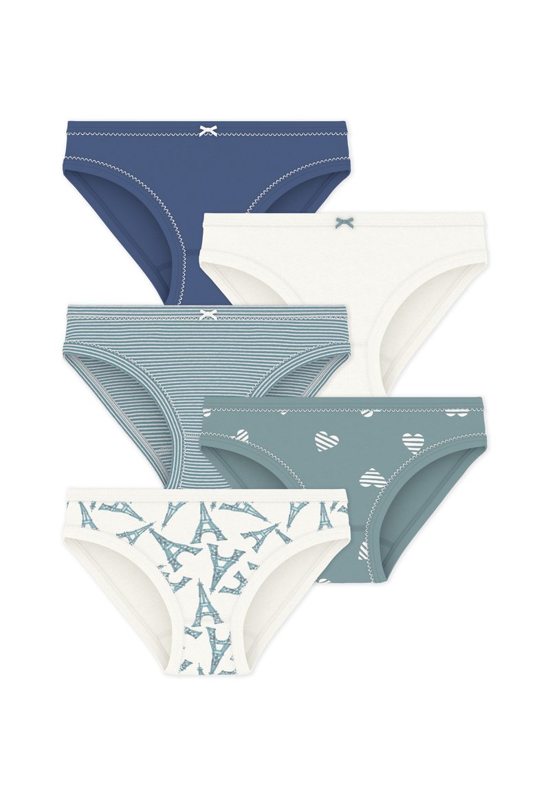 Πέντε ζευγάρια βαμβακερά γυναικεία εσώρουχα: σκούρο μπλε, λευκό με ανοιχτά στοιχεία, ριγέ μπλε, τιρκουάζ με καρδιές και λευκό με σχέδιο Πύργου του Άιφελ.