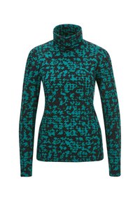 Langärmliges Rollkragenoberteil in Schwarz und Blaugrün mit einem gewagten abstrakten Muster, das eine taillierte Silhouette und einen weichen, dehnbaren Stoff aufweist.