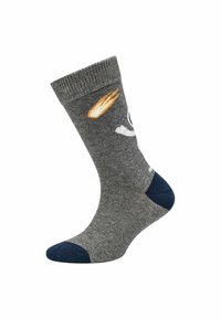 Calzino grigio con tallone e punta blu navy, caratterizzato da una grafica di un astronauta bianco e di una cometa arancio-gialla vicino al polsino.